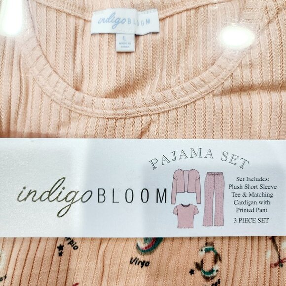 Indigo Bloom Zodiac Sign Printed Short Sleeve Top Pant 3 PC Peach Set Women's L - Picture 2 of 4